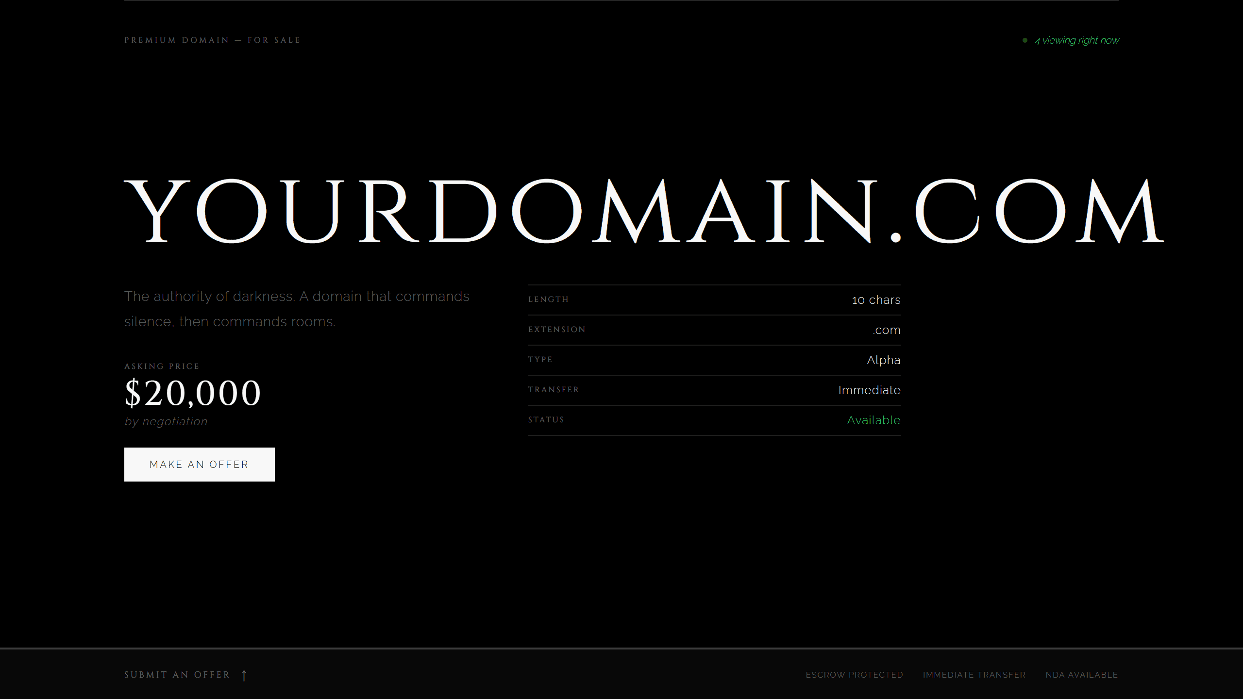 Noir domain lander template preview
